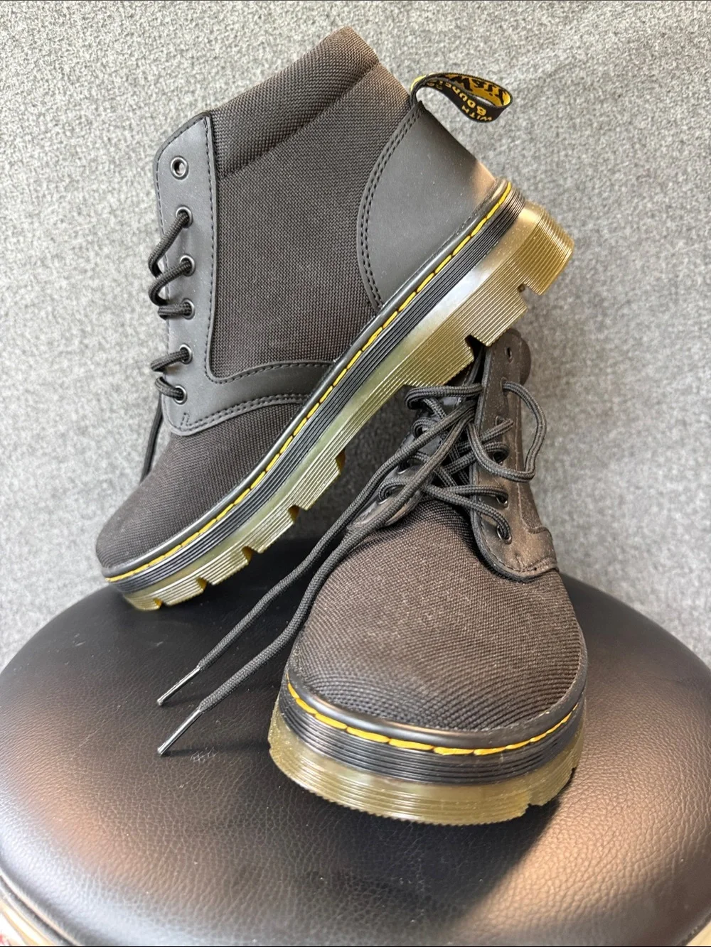 Dr. Martens Black Canvas Lace-Up Boots with Yellow Welt